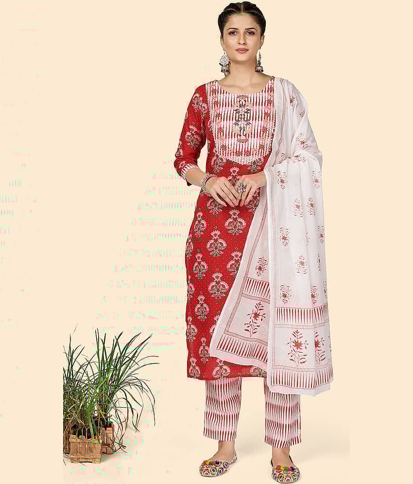Vbuyz Red Cotton Kurti With Pants - Stitched Suit Single