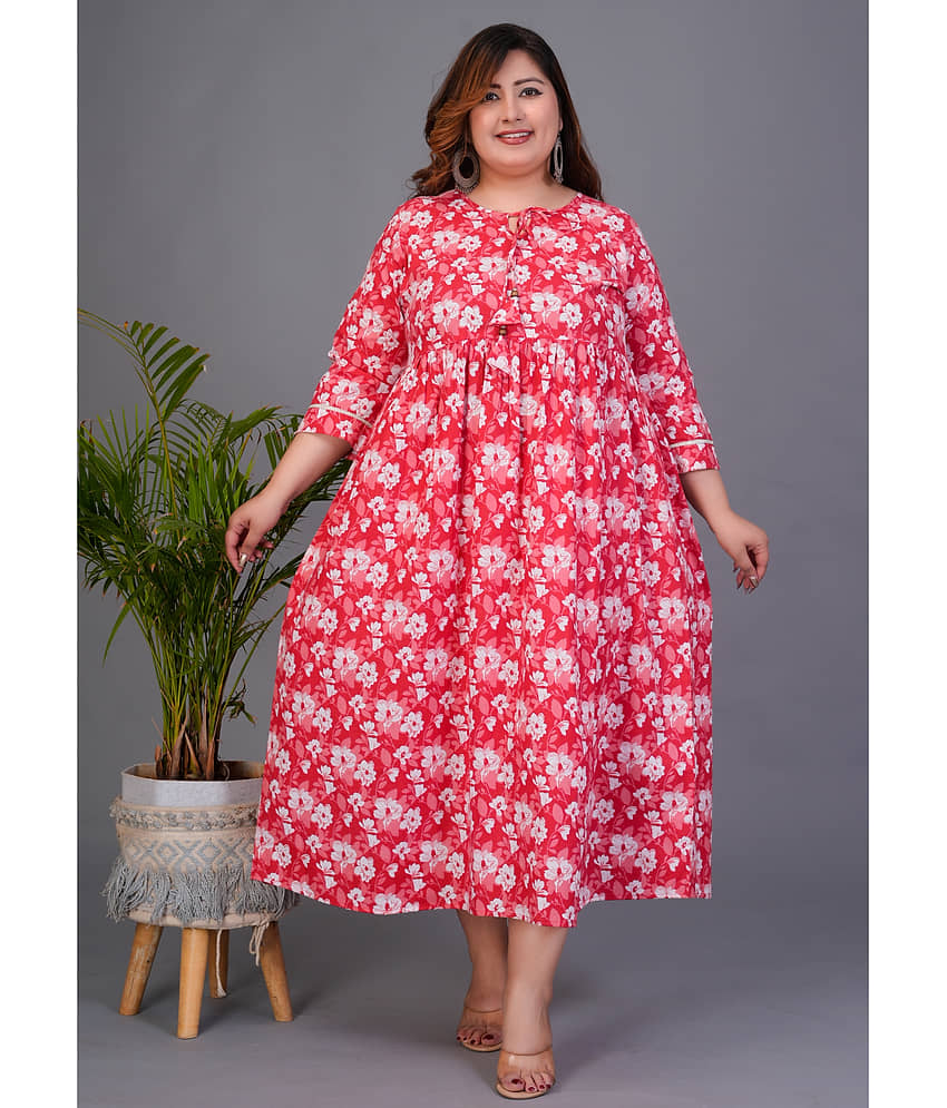 Avnii Women Cotton Printed Fit & Flare Dress ( Red )