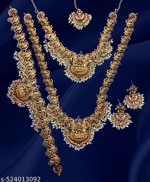 Exquisite Matte Gold Plated Temple Necklace with Kamar Belt and Mang Tika