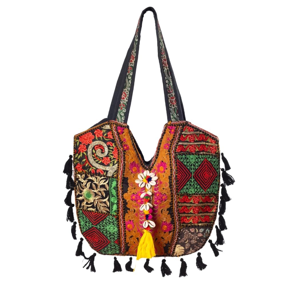 PREET SPICE Bohemian Embroidered Tote Shoulder Bag with Tassels, Handmade Ethnic For Women
