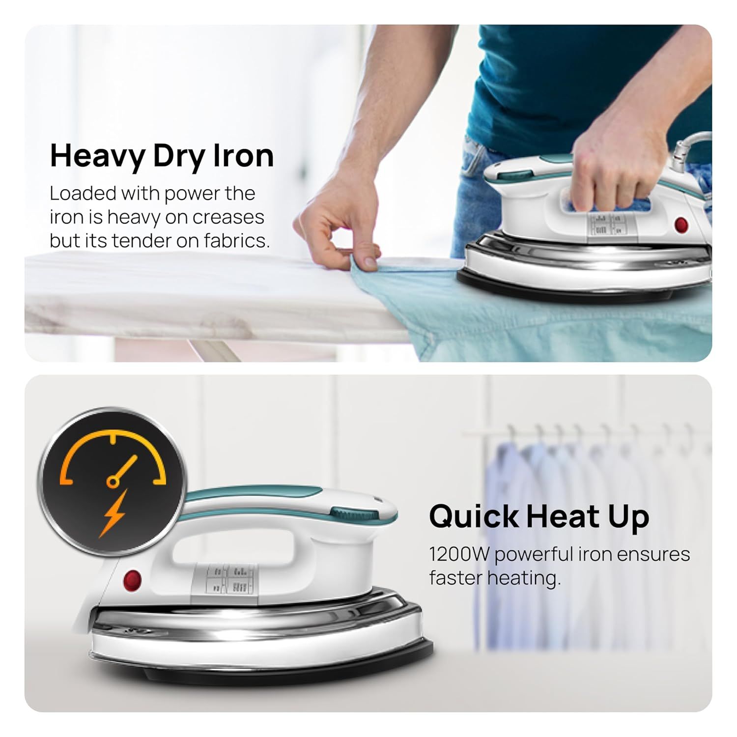 Wipro Elato GD203 1200 Watt Heavyweight Dry Iron, Quick Heat Up, Anti Bacterial German Weilburger Dual Coated Soleplate,5 Modes, Dry Iron Press,Wrinkle Free Clothes in One Shot, 2 Year Warranty,Blue Wipro Elato GD203 1200 Watt Heavyweight Dry Iron, Quick