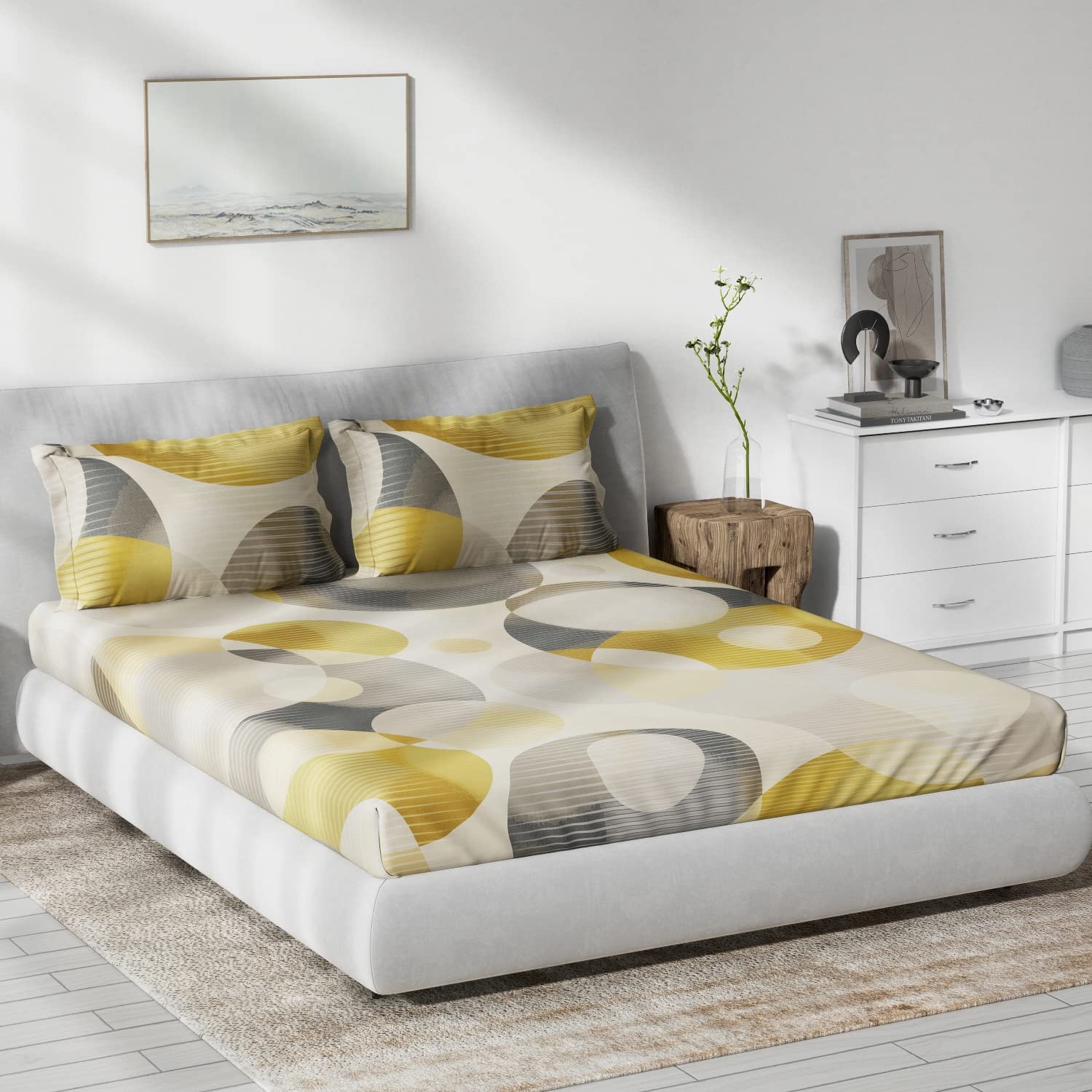 DDECOR - Primary Collection 100% Cotton Geometric Pattern 136TC King Bedsheet |229 CM X 274 CM| with 2 Pillow Covers - Yellow