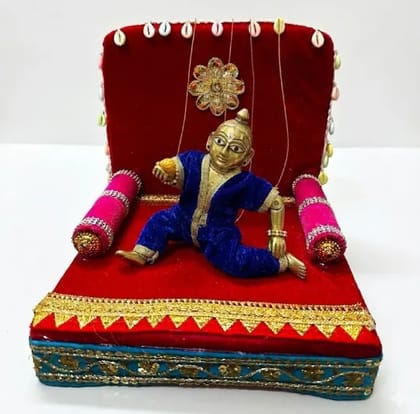 Divine Threads, Laddu Gopal Singhasan, Red, Velvet & Cowrie Shell Design  Size 2