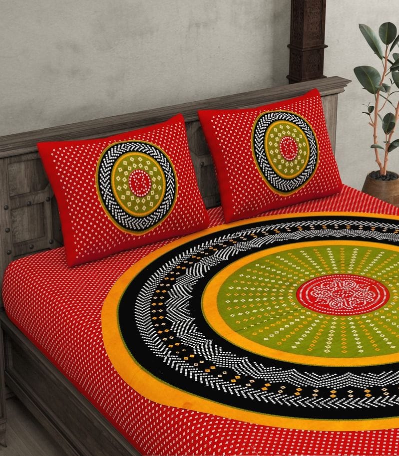 Traditional Bandhej Print Cotton Bed Sheet with Pillow Covers