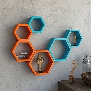 Onlinecrafts Wooden Wall Shelf Wooden Wall Shelf (Number Of Shelves - 6, Orange, Blue)