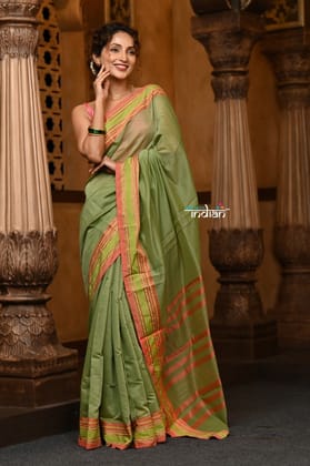 Parampara ~ Cotton Blend Saree in Regal Leaf Green with Exclusive Zari Border & Pallu Parampara ~ Cotton Blend Saree in Regal Leaf Green with Exclusive Zari Border & Pallu