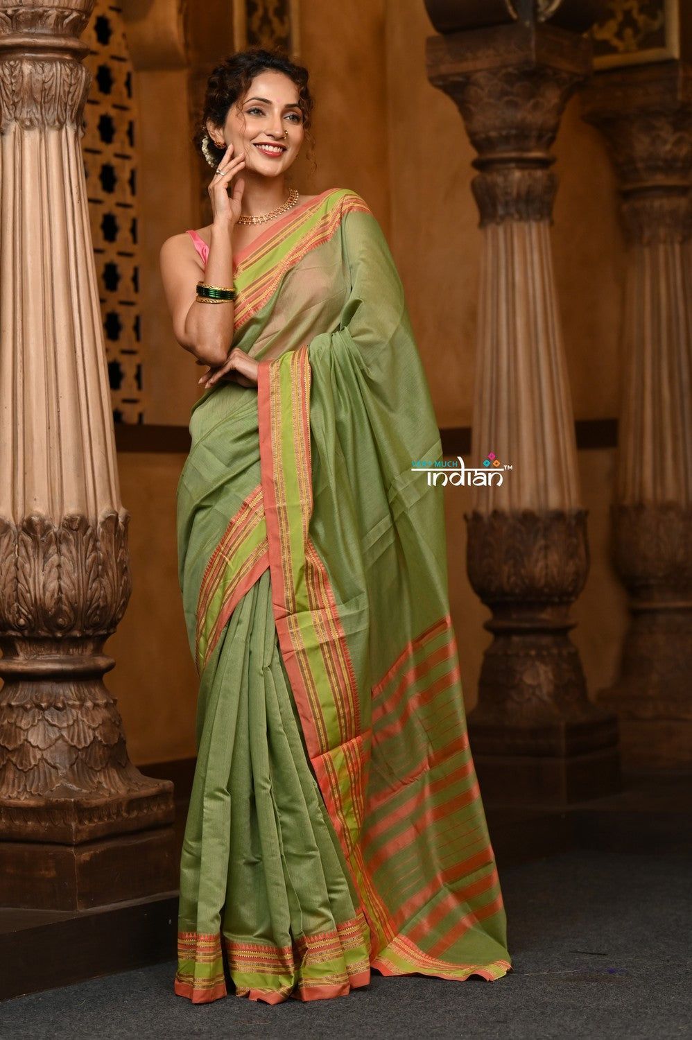 Parampara ~ Cotton Blend Saree in Regal Leaf Green with Exclusive Zari Border & Pallu