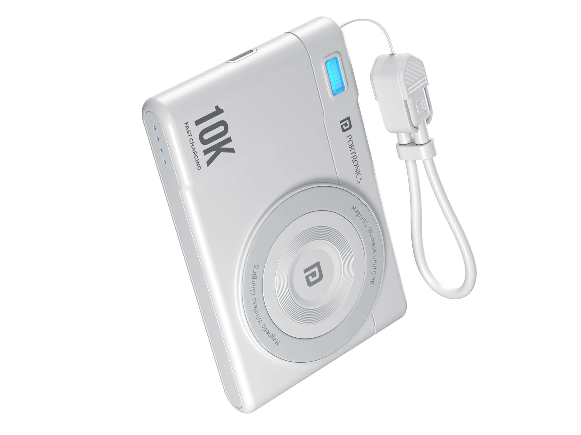 Portronics Power Shutter Air 10K 15W Wireless Output, 22.5W Wired Output, In Built Type C Cable, Light Weight - White