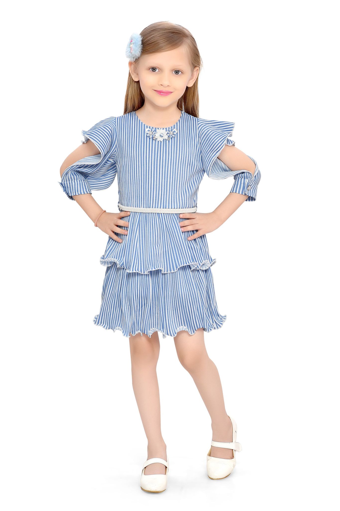 Be:Kids Girls' Playful Blue Striped Ruffle Dress with Sparkling Accents