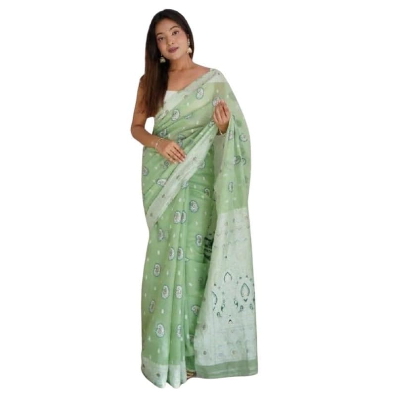 Women's Cotton Printed Saree With Unstitched Blouse 5.5Mtr (Pista)-PID60313
