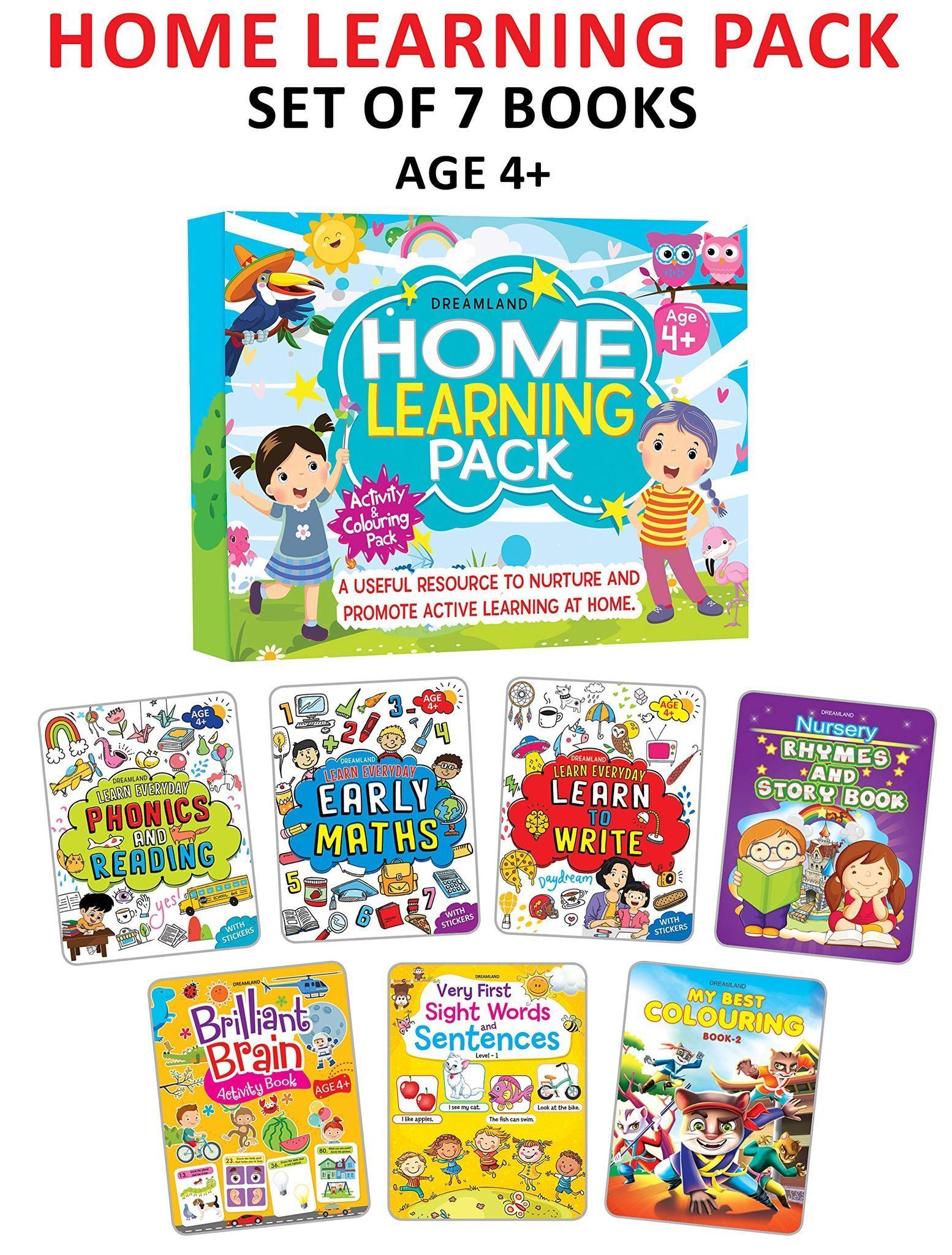 Home Learning Books Pack Age 4+ An Amazing Set of 7 Books- Phonics and Reading, Early Maths, Learn to Write, Nursery Rhymes and Story Book, Brilliant ... Sentences Level 1, My Best Colouring Book 2 [Paperback] Dreamland Publications