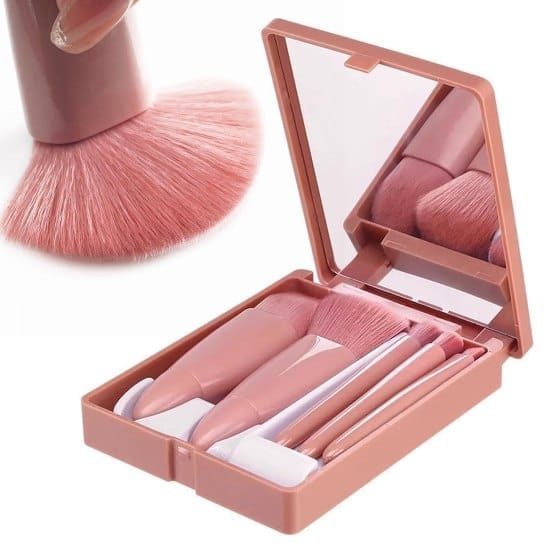 5 Pcs Portable Makeup Brush Set with Built-in Mirror Case | Compact Travel-Friendly Cosmetic Brush Kit for Foundation, Blush, Powder, Eye shadow & Lip Makeup | Lightweight, Durable Beauty Tool Set for Women & Girls (Original Quality)