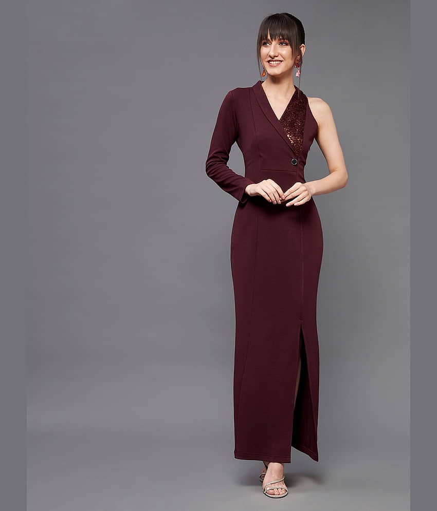 Miss Chase Women Polyester Embellished Side Slit Dress ( Wine )