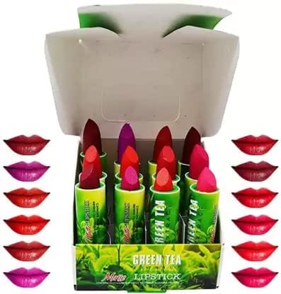 Elecsera 12 in 1 Matte Green Tea Multicolor Long Lasting Lipstick Pack of-12 (Multicolour, 3.5 g)