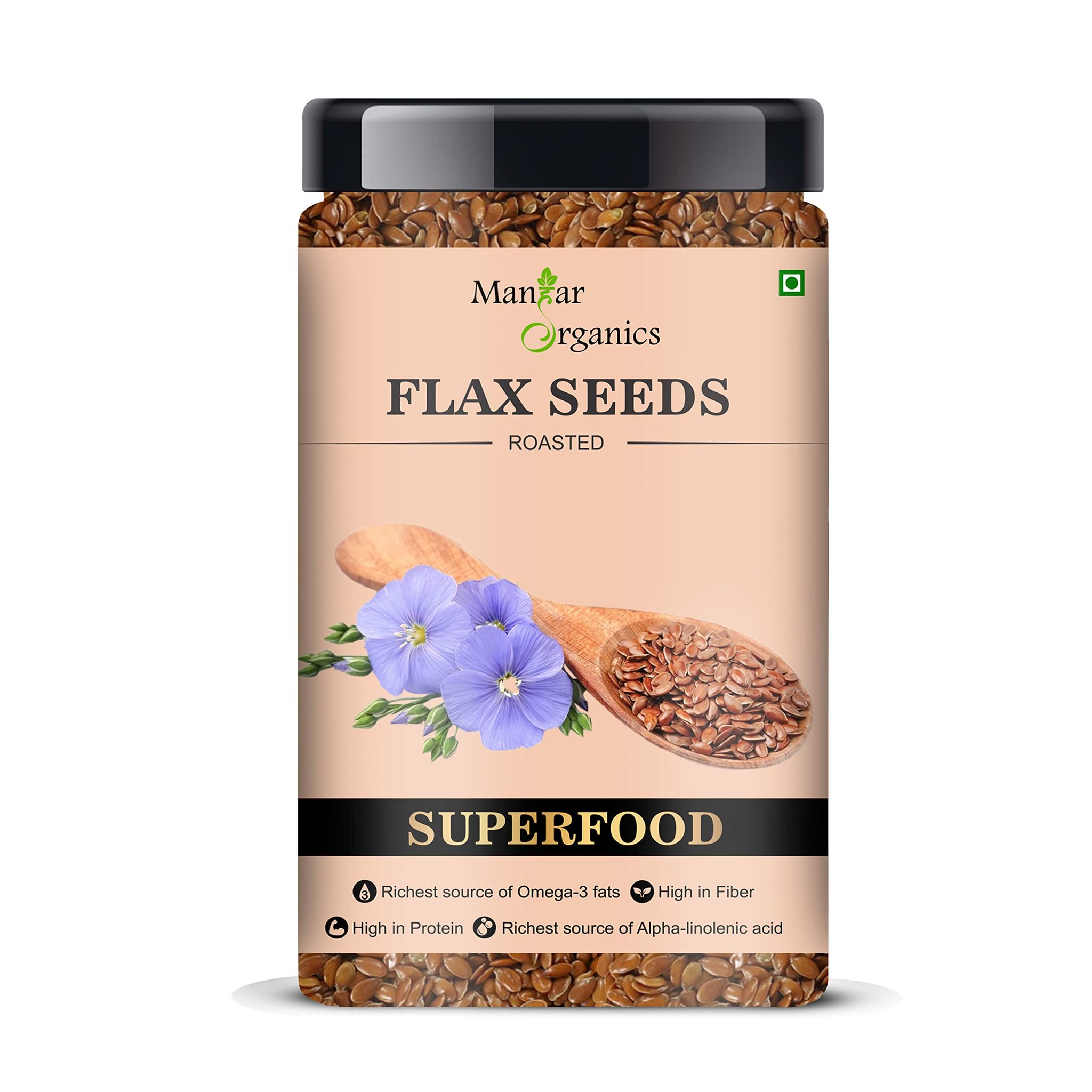 ManHar Organics Roasted Flax Seeds 500gm Jar - Alsi Seeds for Weight Loss, Diet Food (Roasted flax Seeds, 500gm)