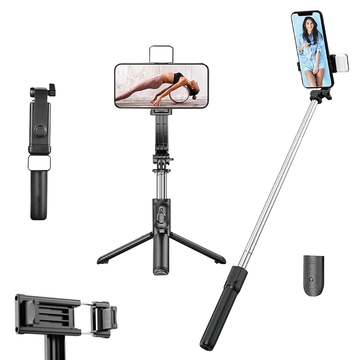 R1S Selfie Stick with Tripod Stand,3 in 1 Multifunctional Design, Rechargeable LED Light with Two Brightness Levels for Make up ,Selfie, Vlogging & Photo Shoot, Selfie Stick