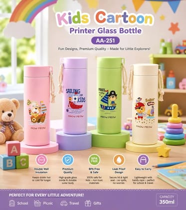AA-251 Cartoon Printed Glass Water Bottle for Kids | Leak-Proof Glass Drinking Bottle with Cute Cartoon Design | Reusable School, Travel & Daily Use Water Bottle (Random Design & Color)
