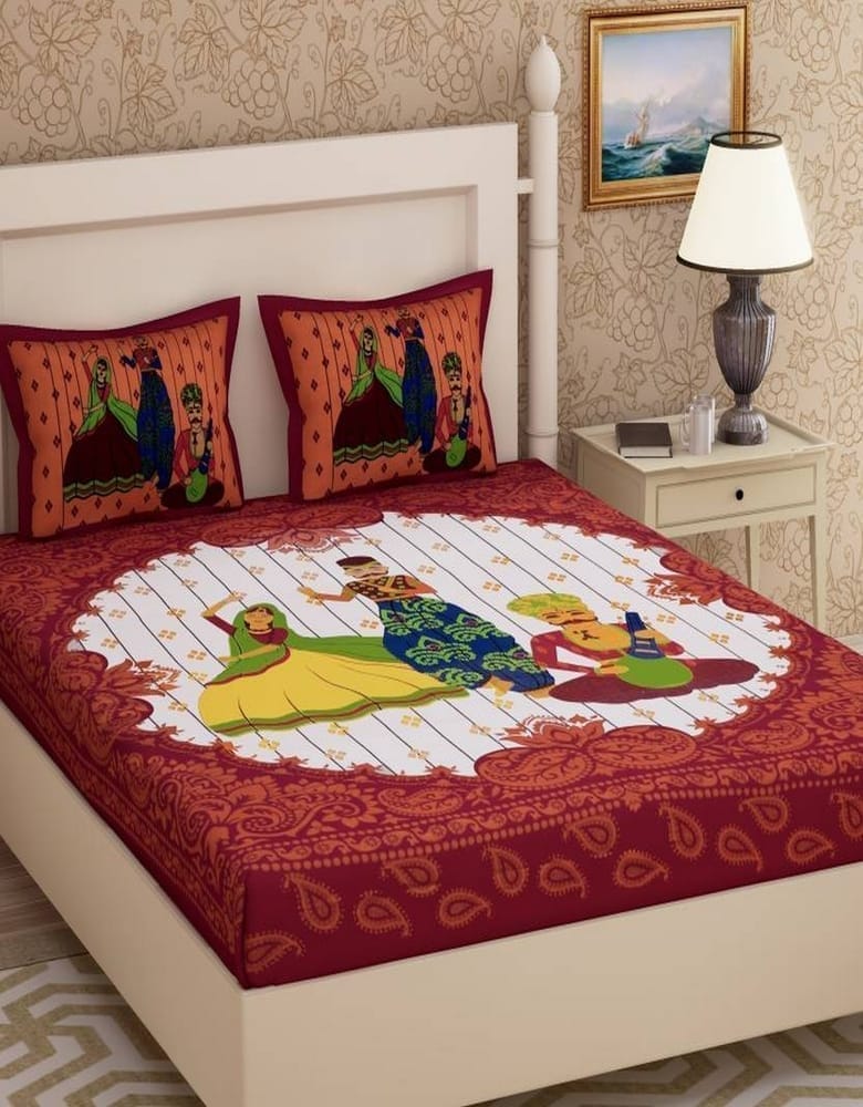 3001-Hometrade India-Standard King Size (90*108 Inches) Double Bedsheet With 2 Pillow Cover-RJ-14-Jaipur lining-3893