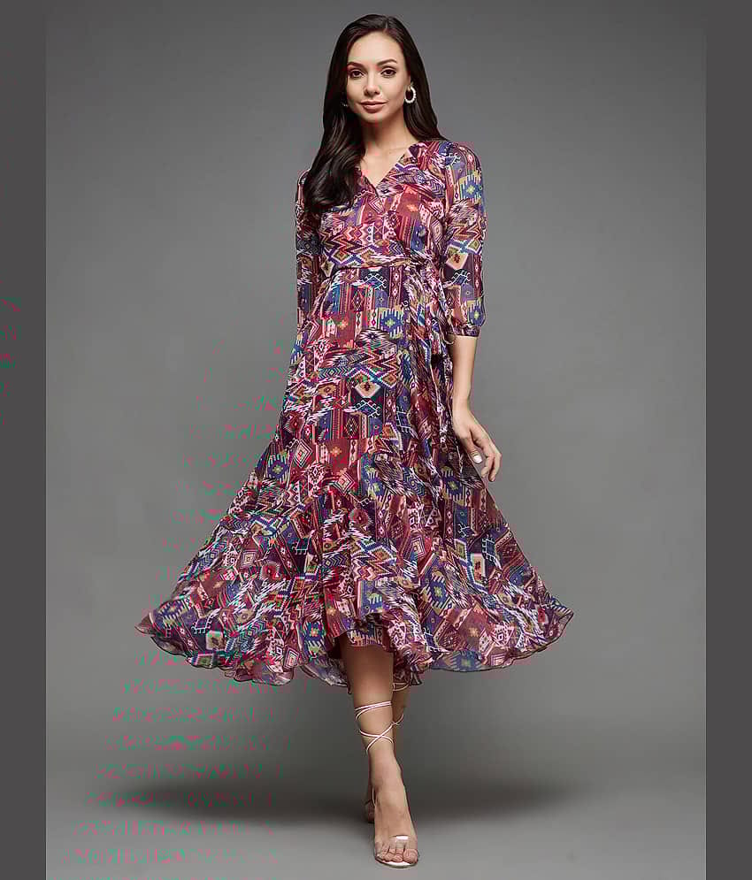 Miss Chase Women Chiffon Printed Fit & Flare Dress ( Multi Color )