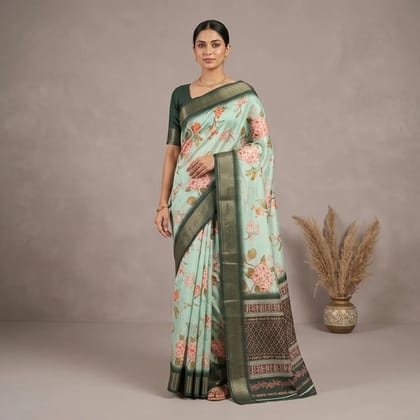 Mint Green Cotton Floral Print Woven Border Saree For Women