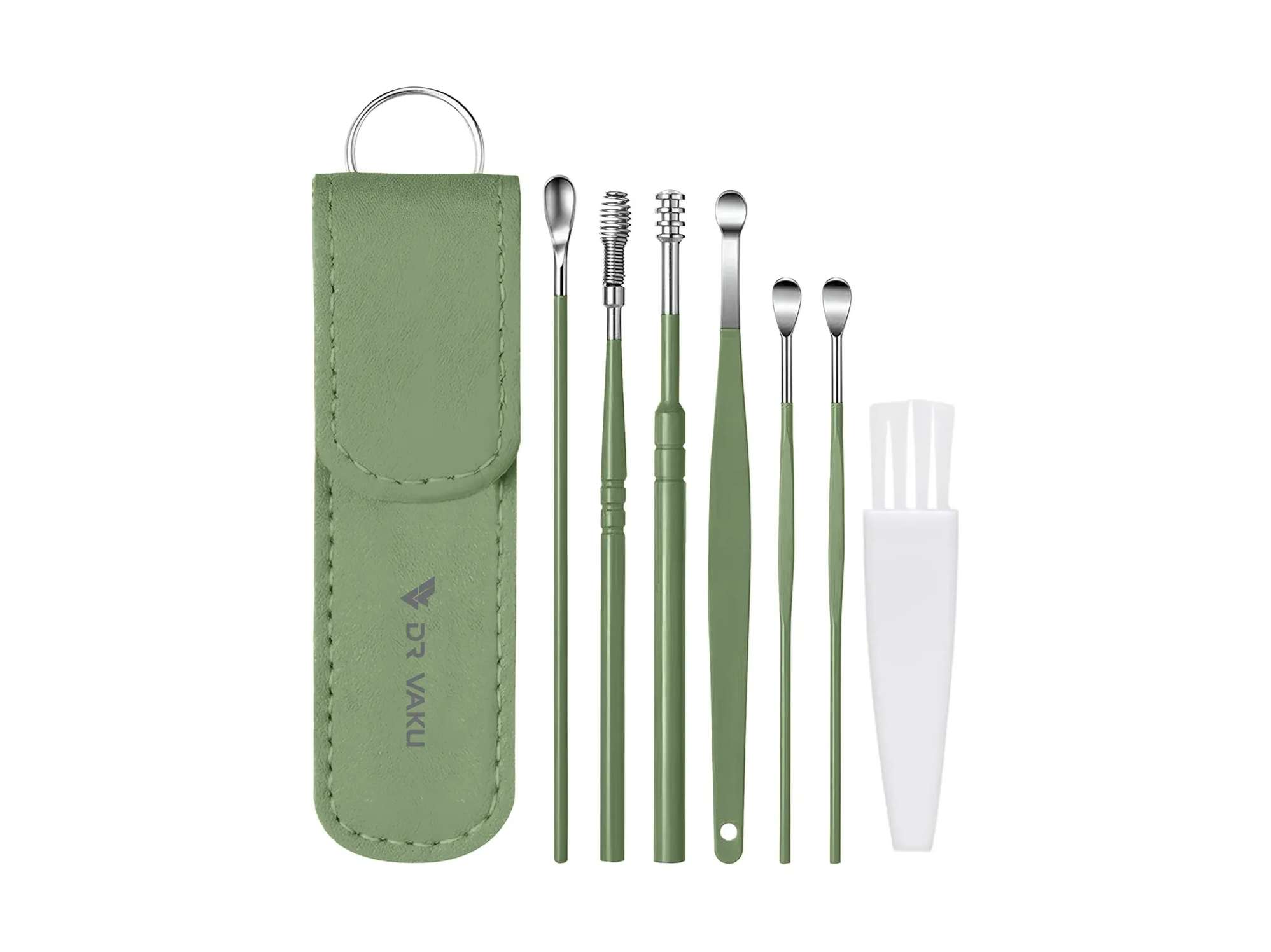Dr Vaku  Reusable EarWax Removal Cleaning Tool Kit (Set of 7) Stainless Steel With Storage Case - Green