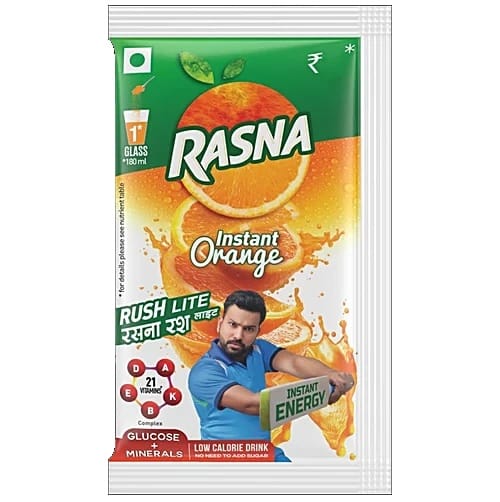 Rasna Rush Lite Instant Drink - Orange With 21 Vitamins, For 1 Glass, 3 g