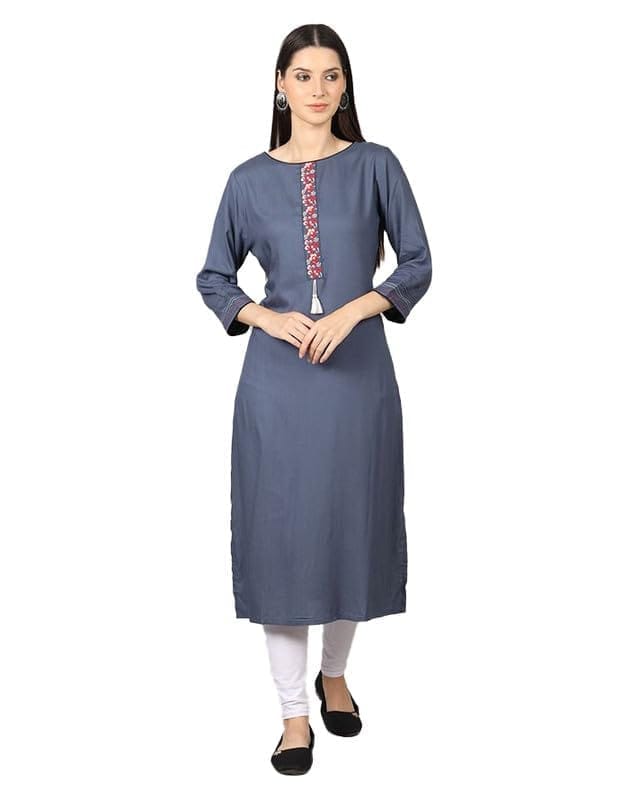 Women's Casual 3/4 Sleeve Viscose Rayon Printed Kurti (Grey, S)-PID46391