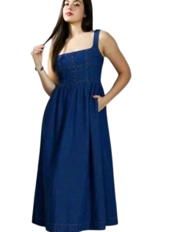 Women's Casual Denim Sleeveless Dress (Blue, XL)-PID63354