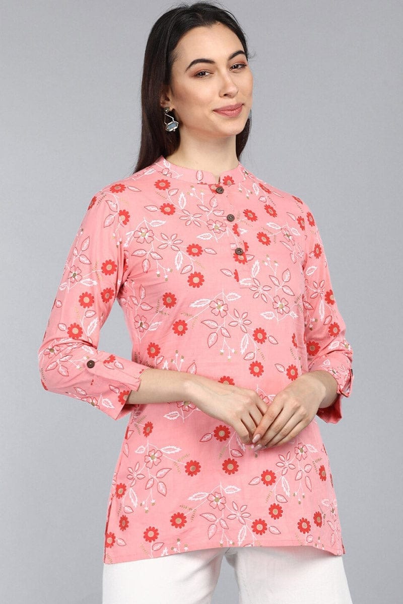 Pink Cotton Floral Print Regular Tunic Top VT1103
