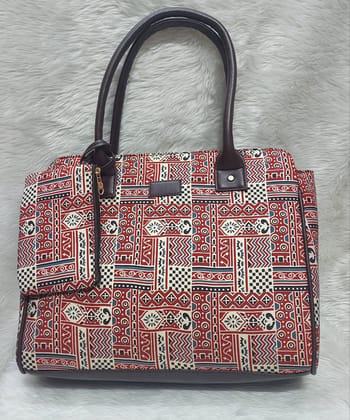 Cotton Azrak Printed brick red Jute Tote Bag with Complimentary Pouch