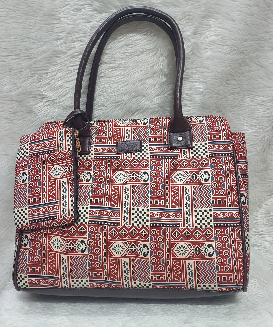 Cotton Azrak Printed brick red Jute Tote Bag with Complimentary Pouch