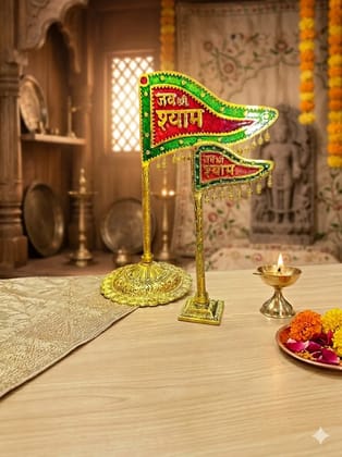 Jai Shree Shyam Religious Flag Idol, Multicolor (Green/Red/Gold), Medium, Traditional Car Dashboard & Home Temple Showpiece