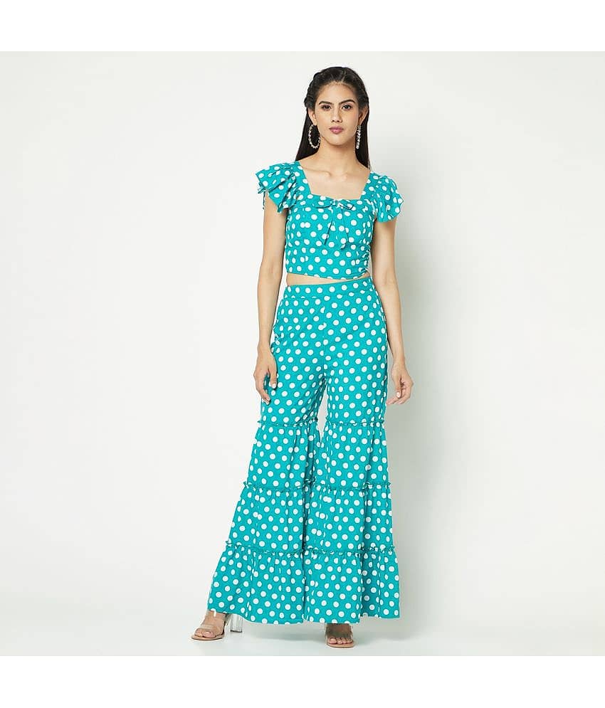 Glito Women Printed Top With Palazzos Co-Ord Set ( Sea Green )