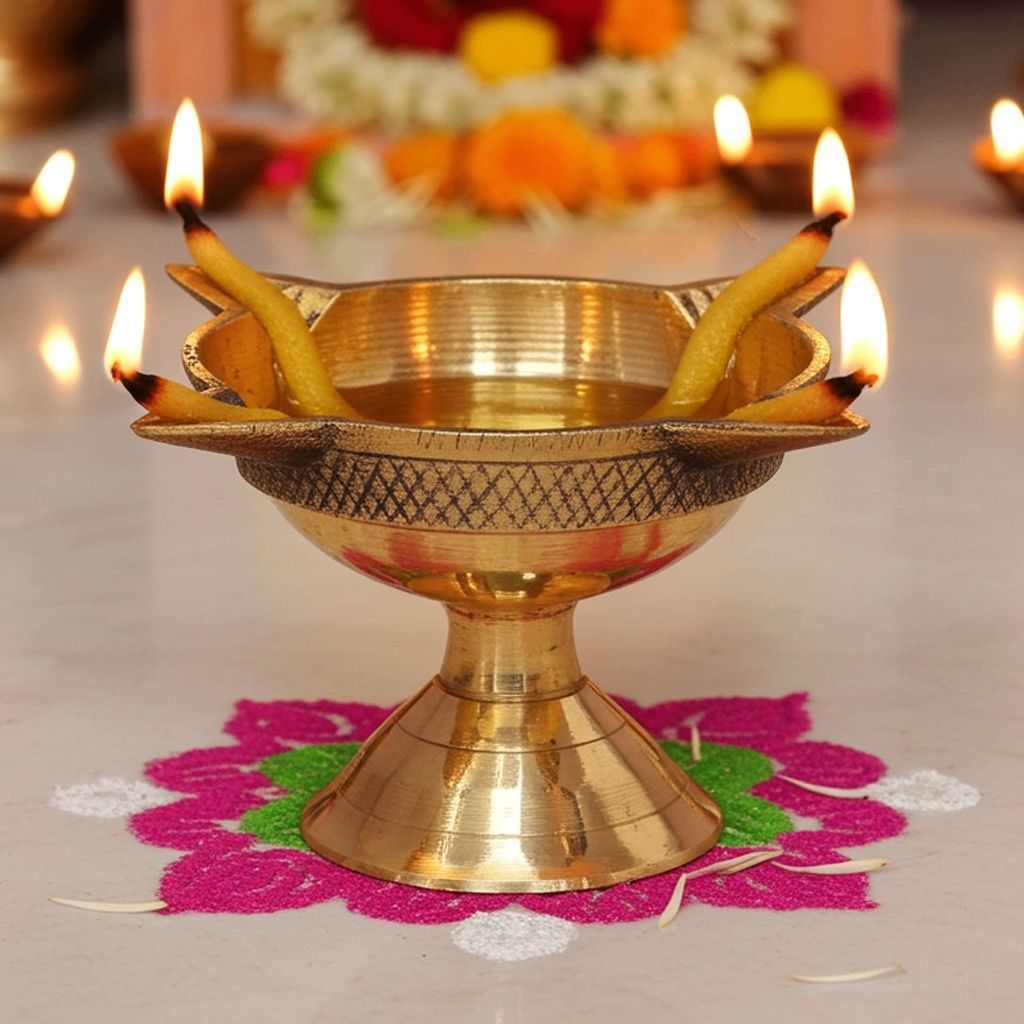 Brass Table Decor Oil Lamp Deepak 4 Wicks  - Handcrafted Deepak for Mandir Use, Height : 1.7 Inch (FMAS633 C)