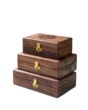 Set of 3 Handcrafted Wooden Storage Boxes with Carved Lid & Brass Clasps