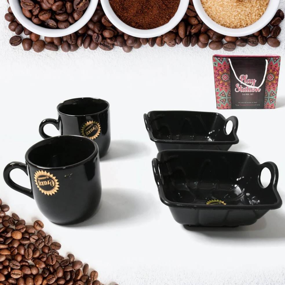Play Station Ceramic Tea or Cups or Mug Set with Handle Serving Bowl Milk Cup, Coffee Cup, Tea Cup, Breakfast Cup, Drinking Mug or Outdoor for Household, Gift for Birthday, Wedding Party 4 Pcs (Black)