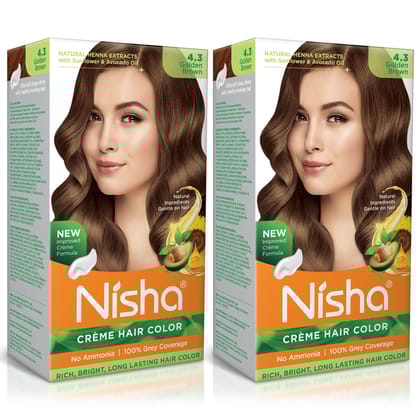 Nisha Creme Hair Color 4.3 Golden Brown 120g Pack of 2, Permanent Hair Colour, No Ammonia, 100% Grey Coverage