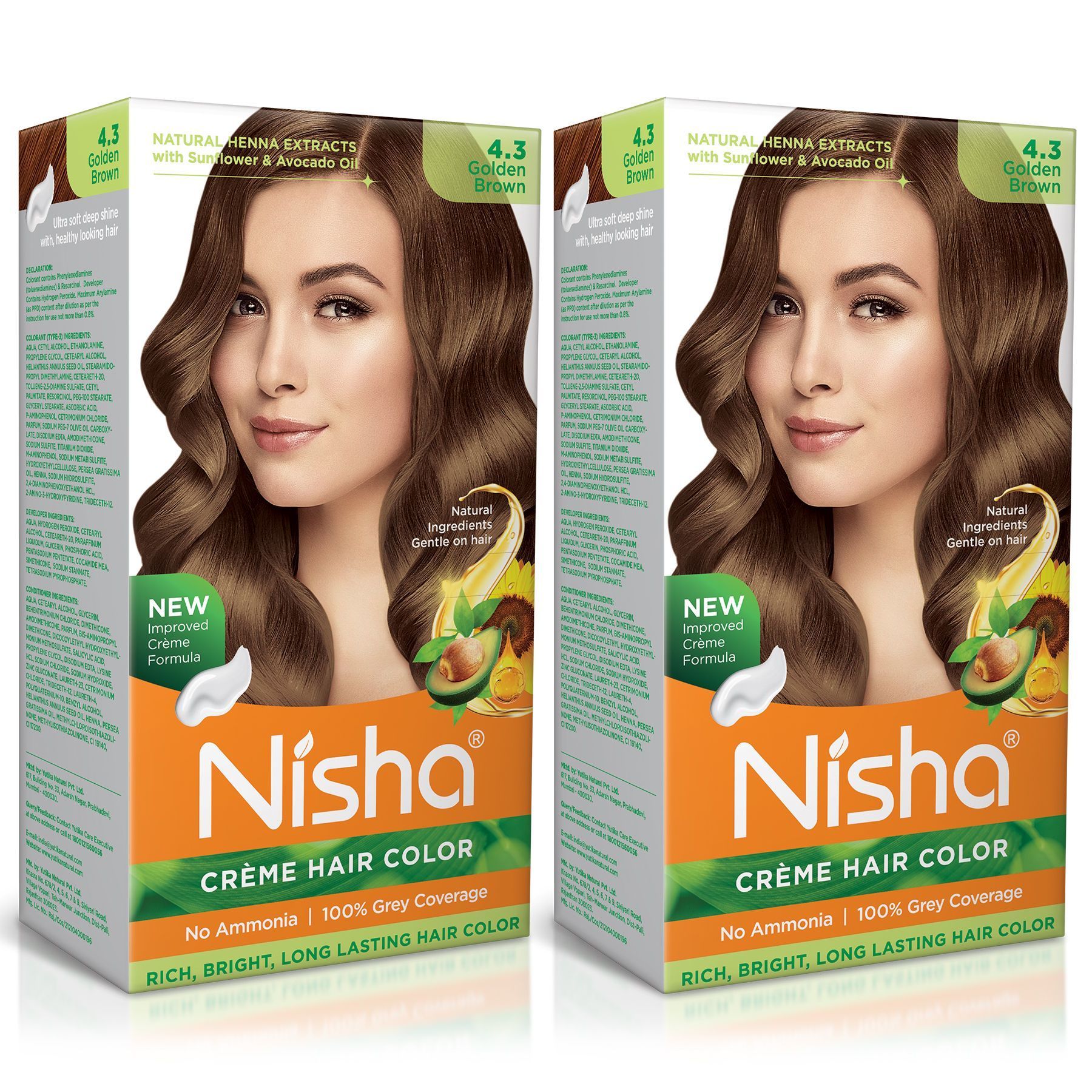 Nisha Creme Hair Color 4.3 Golden Brown 120g Pack of 2, Permanent Hair Colour, No Ammonia, 100% Grey Coverage