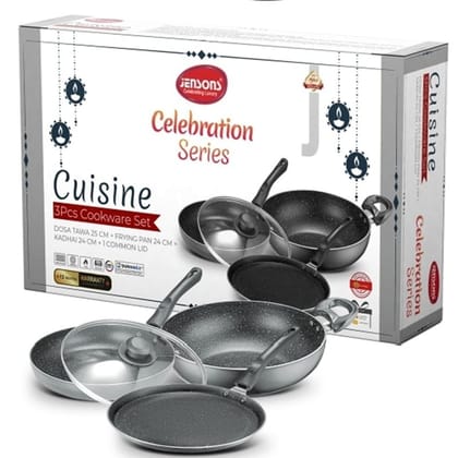 Jenson's Celebration Series 3 Piece Cookware Set with Dosa Tawa, Frying Pan, Kadhai, and Common Lid Jenson's Celebration Series 3 Piece Cookware Set with Dosa Tawa, Frying Pan, Kadhai, and Common Lid