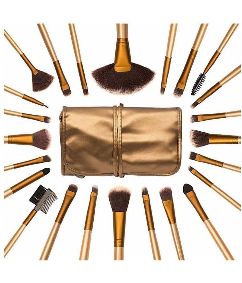 FOK Professional Makeup Brushes With Golden Leather Pouch Synthetic Blending,Wet & Dry Products,Contouring,Evenout 300 g 24 Pcs
