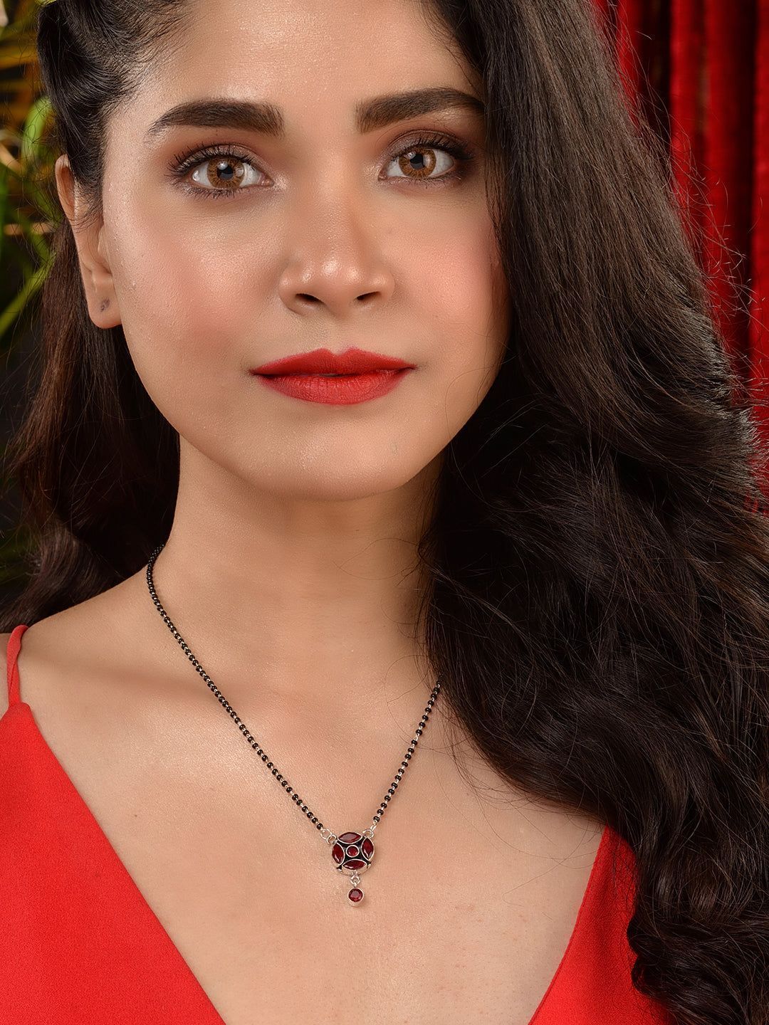 Red Silver Plated AD Studded Minimal Mangalsutra