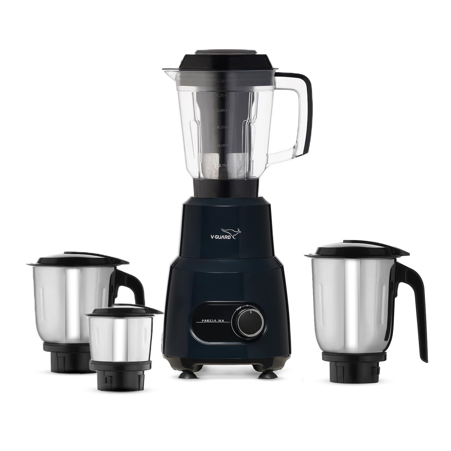V-Guard Precia NX Juicer Mixer Grinder 750 W (New Launch) | 3-Year Motor Coverage | 4 Versatile Jars | Juicer, Large, Medium & Small | Compact ABS Body | SS Rust-Resistant Blades V-Guard Precia NX Juicer Mixer Grinder 750 W (New Launch) | 3-Year Motor Co