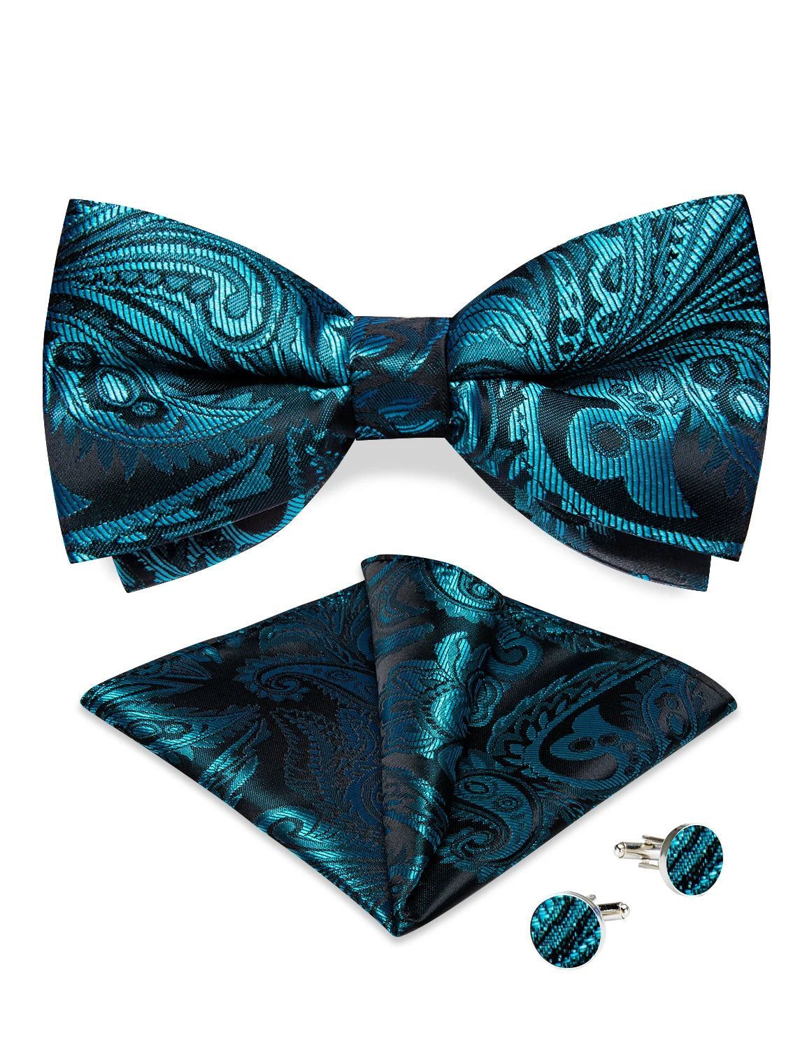 pre-wedding Luxury Blue Black Pre-tied Bow Tie and Handkerchief Cufflinks Sets for Man Wedding Business Fashion Men's Bowtie Paisley Knots