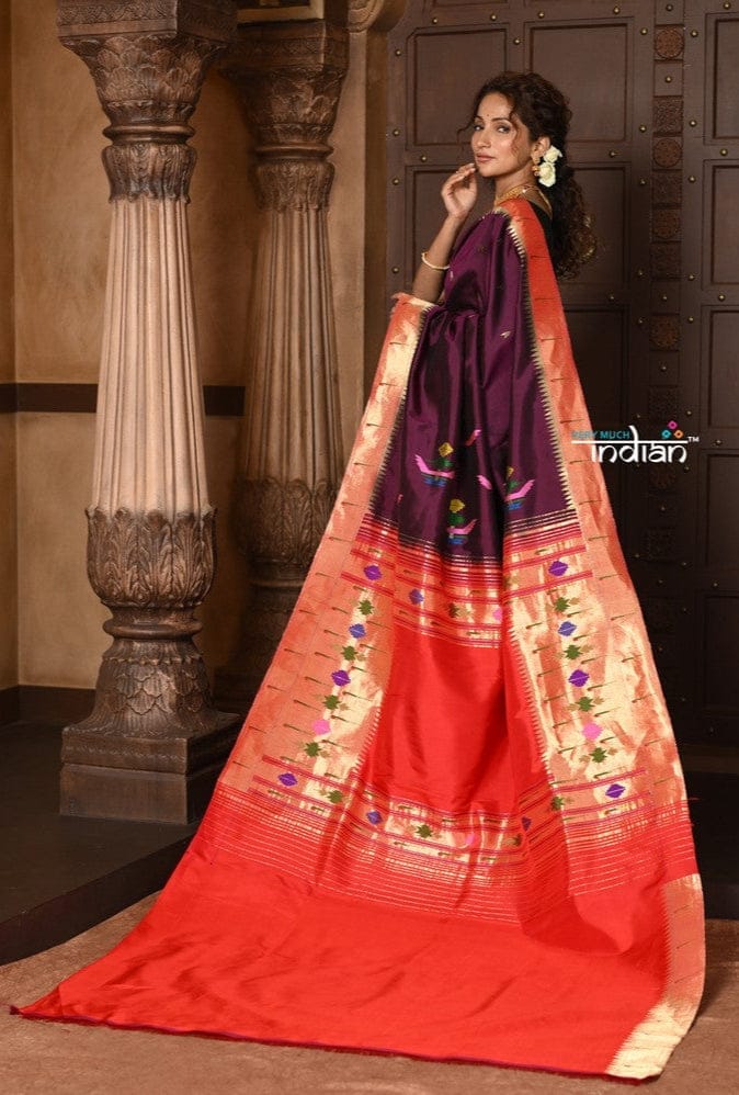 Parampara ~ Limited Edition Pure Silk Muniya Paithani with Tawa Asawali Pallu & Asawali Buttis in Exquisite Wine