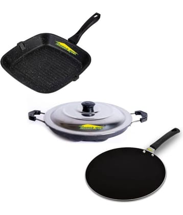 HomePro Non-Stick Set,Grill Pan 26 cm, Black Dosa Tawa 28 cm. Black Appam with Steel Lid 12 Cavity (Pack of 3)