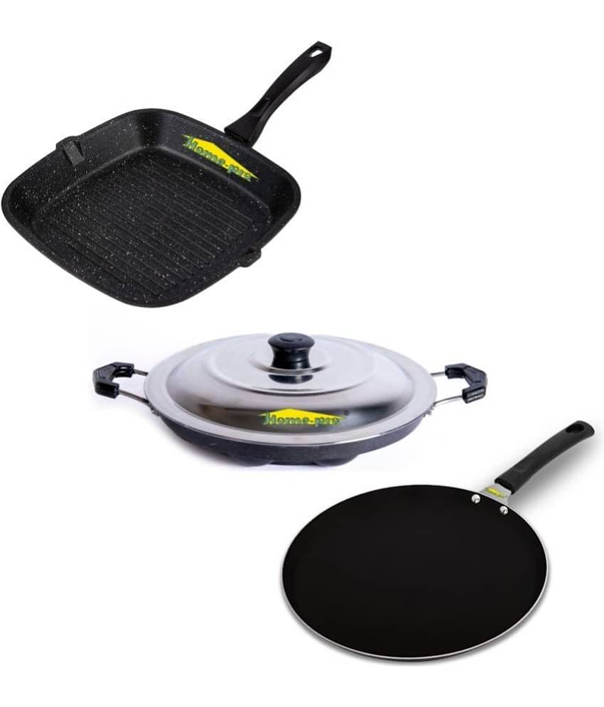 HomePro Non-Stick Set,Grill Pan 26 cm, Black Dosa Tawa 28 cm. Black Appam with Steel Lid 12 Cavity (Pack of 3)