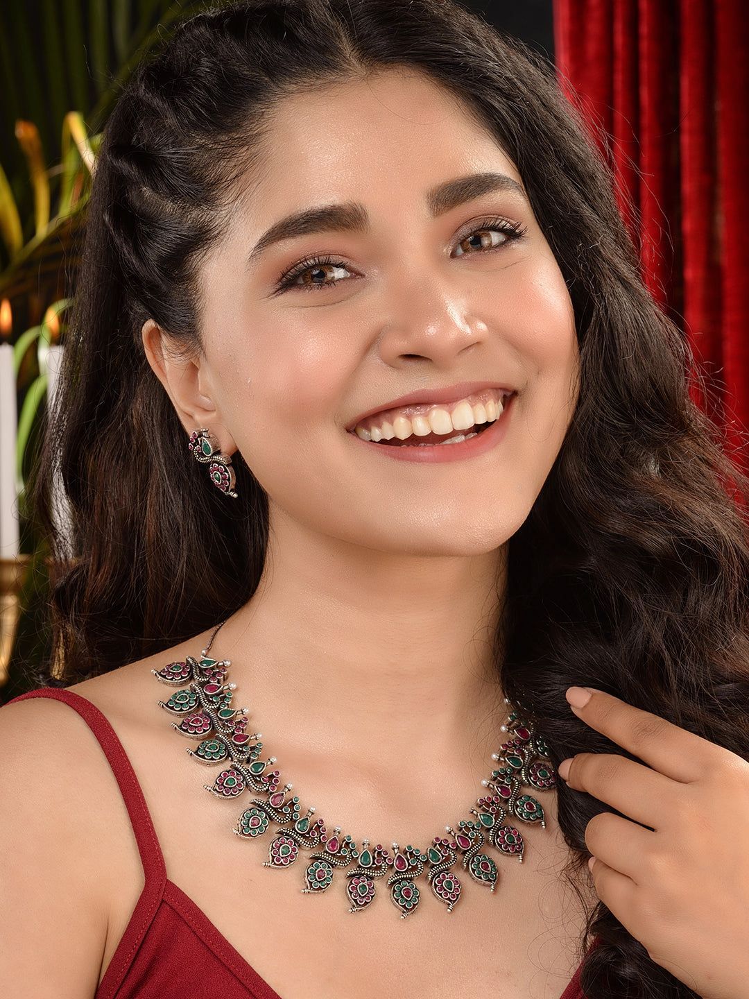 Silver Oxidised Green stone studded Peacock Choker Necklace Jewellery Set