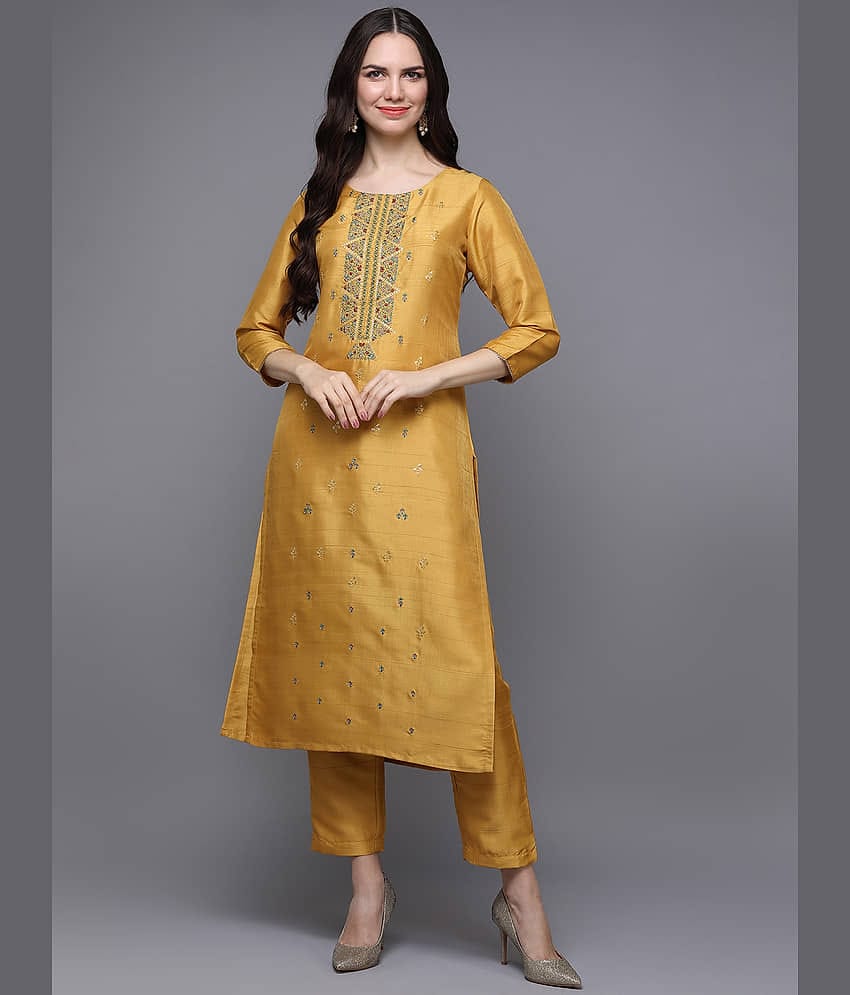 Vaamsi Silk Blend Printed Straight Women's Kurti - Yellow ( Pack of 1 )