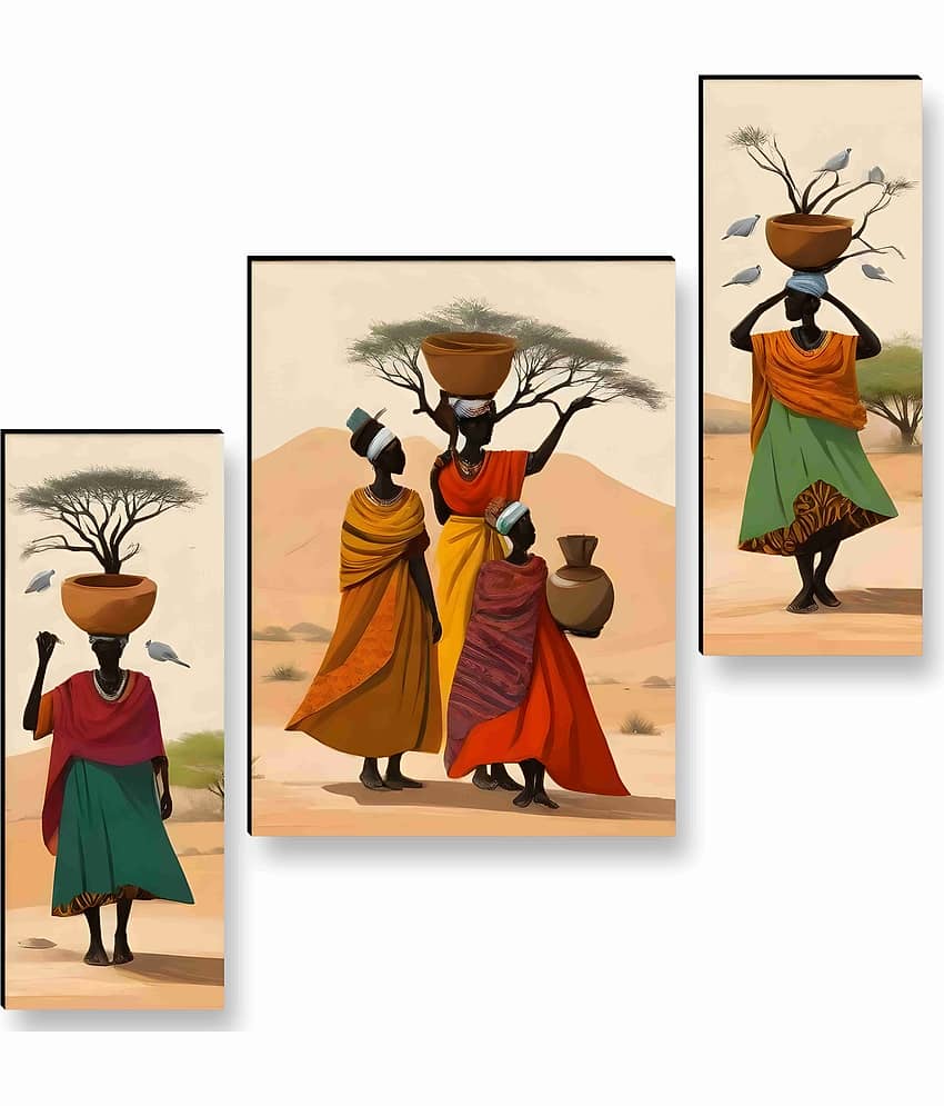 Livin'luxe African Tribal Women Wall Art – 3 Panel Cultural Painting with Desert Landscape, Pots & Birds for Ethnic Living Room Décor 12 Inch x 20 Inch