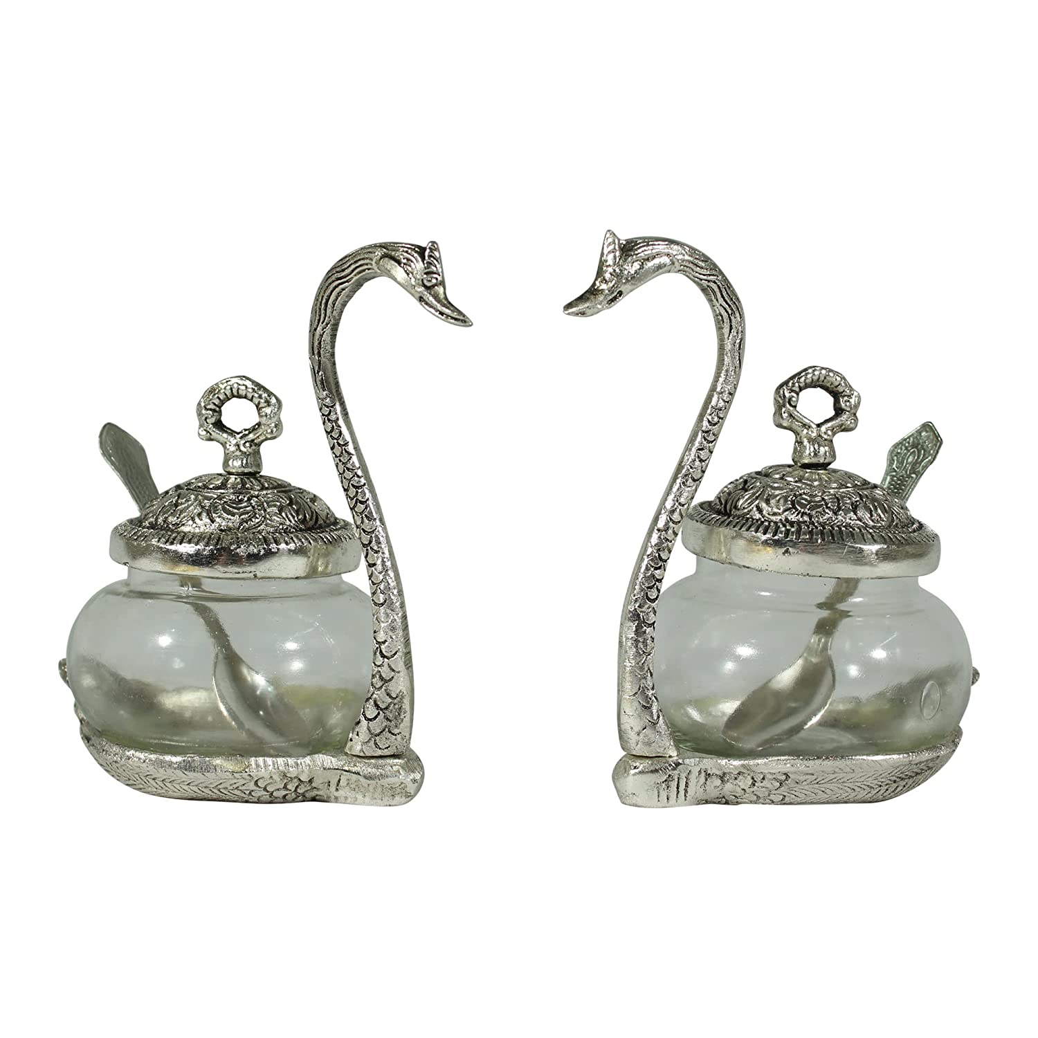 Dreamkraft White Metal Swan (Duck) Glass Bowl with Spoon Dry Traditional Serving Bowl Set (Silver - 12 x 9 x 15 cm)